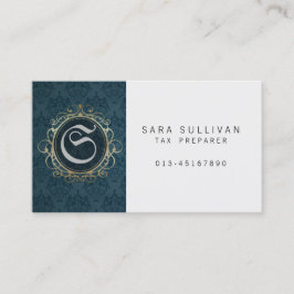 Tax Preparer Finance Services Blue Damask Monogram Visitekaartje