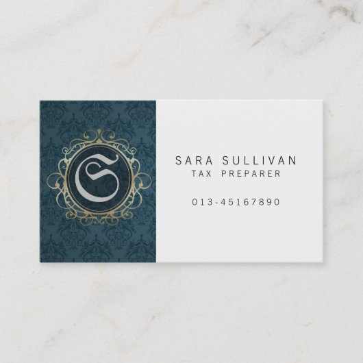 Tax Preparer Finance Services Blue Damask Monogram Visitekaartje (Voorkant)
