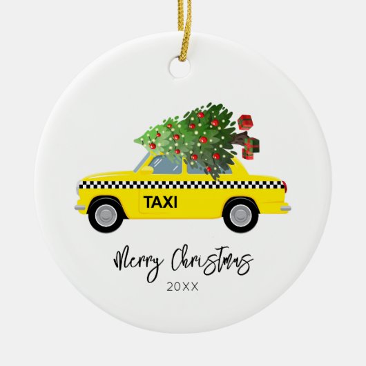 Taxi Cab Merry Kerstboom Jaar Keepasoname Orname Keramisch Ornament (Voorkant)