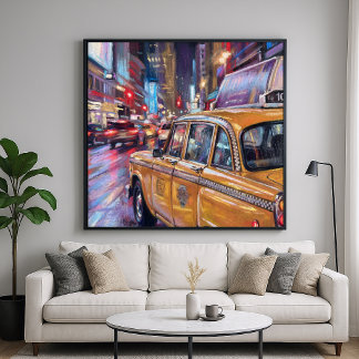 Taxi Cab Nacht Stad - Impressionistische Stijl Kun Poster