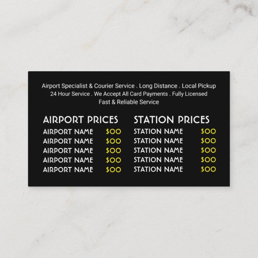 Taxi Sign, Taxi Cab Firm, prijslijst Visitekaartje (Achterkant)