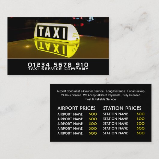 Taxi Sign, Taxi Cab Firm, prijslijst Visitekaartje (Voorkant / Achterkant)