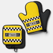 Taxichauffeur van dienst gele cabine ovenwant & pannenlap set (Voorkant / Achterkant)