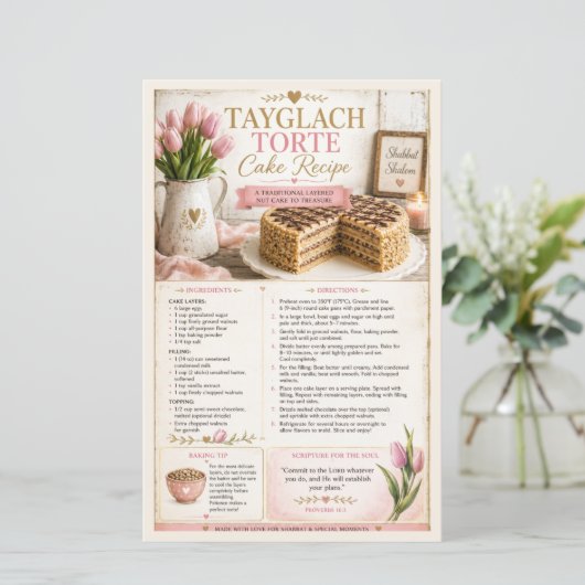 Tayglach Torte Cake, Roze Bloemige Rustieke Boerde (Staand voorkant)