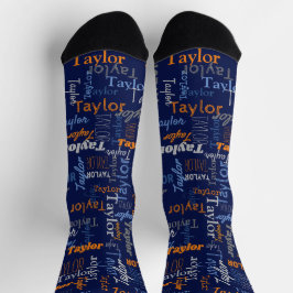 Taylor gepersonaliseerde naam oranje blauw grijs sokken