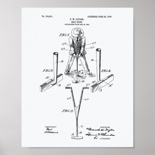 Taylor Golf Club 1905 Patent Art - Witboek Poster (Voorkant)