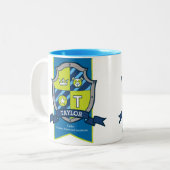 Taylor letter T crest blue green beer name beteken Tweekleurige Koffiemok (Voorkant links)