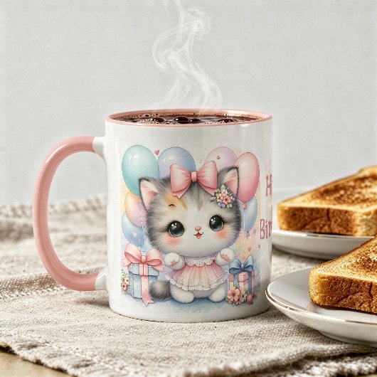 Taza de Cumpleaños con Gatito y Globos  Mok