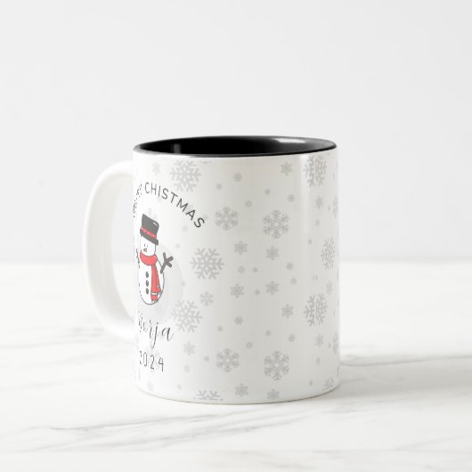 Taza de muñeco de nieve navideño personalizada tweekleurige koffiemok (Voorkant links)