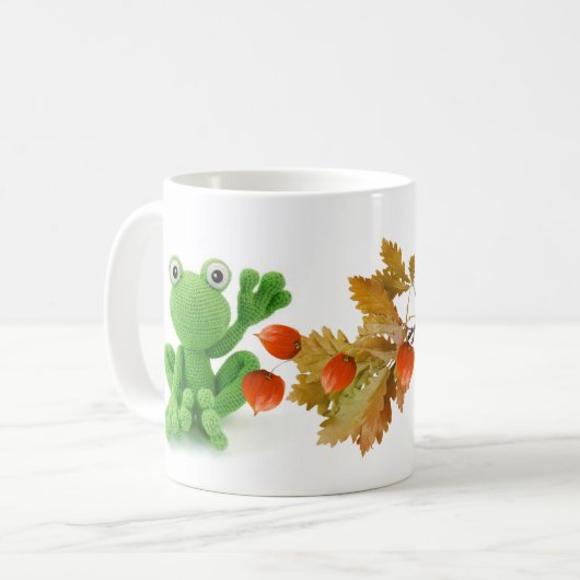 Taza de una rana muy verde de crochet koffiemok (Voorkant links)