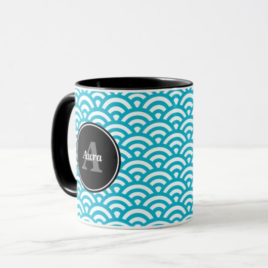 Taza Olas azules - Nombre personalizado Mok (Voorkant links)