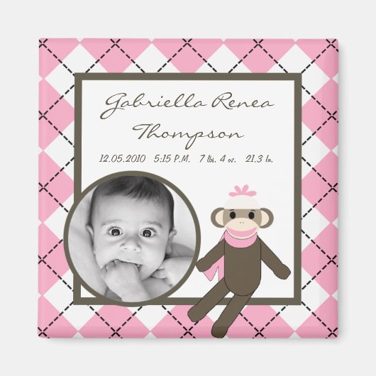 {TBA} 2 "x2" Roze Sock Monkey Aankondigingsmagneet Magneet (Voorkant)