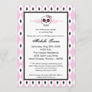 {TBA}5x7 Girl Punk Skull Birthday Party Invitation Kaart