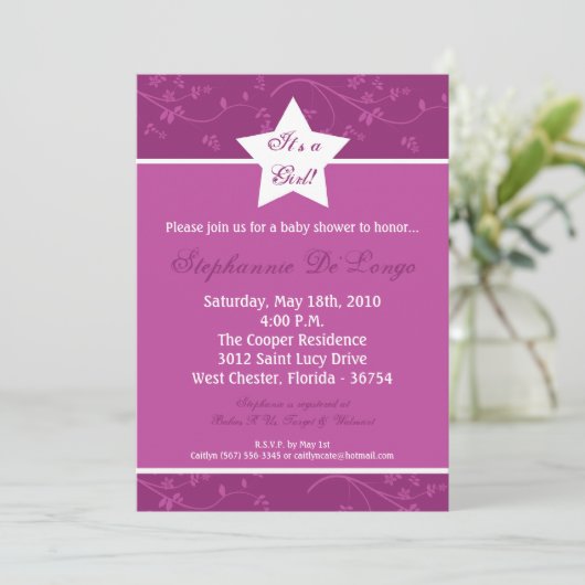 {TBA}5x7 Paarse STAR Vloeiend Baby shower Uitnodig Kaart (Staand voorkant)
