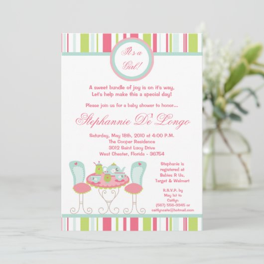{TBA} 5x7 Trendy Tea Party Baby shower Uitnodiging (Staand voorkant)