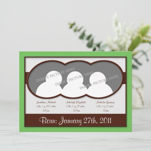 {TBA} Bruin Groene Triplets Geboorteaankondigingen Aankondiging (Staand voorkant)