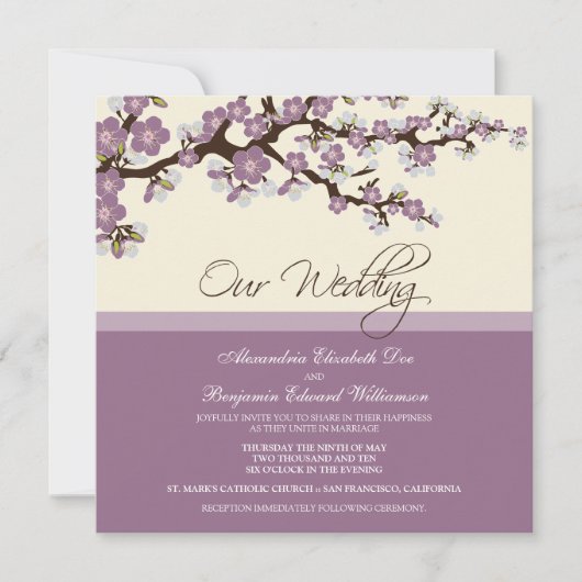 {TBA} Cherry Blossom Wedding Invitation (lila) Kaart (Voorkant)