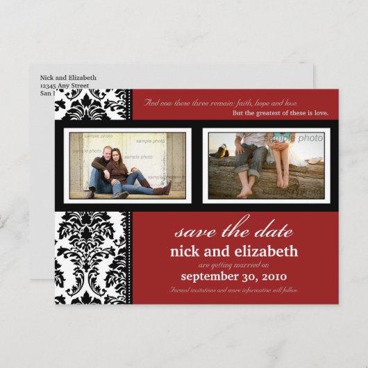 {TBA} Damask 2-Foto Rood-Zwart-Wit Sla de datum op Aankondigingskaart (Voorkant / Achterkant)