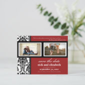 {TBA} Damask 2-Foto Rood-Zwart-Wit Sla de datum op Aankondigingskaart (Staand voorkant)