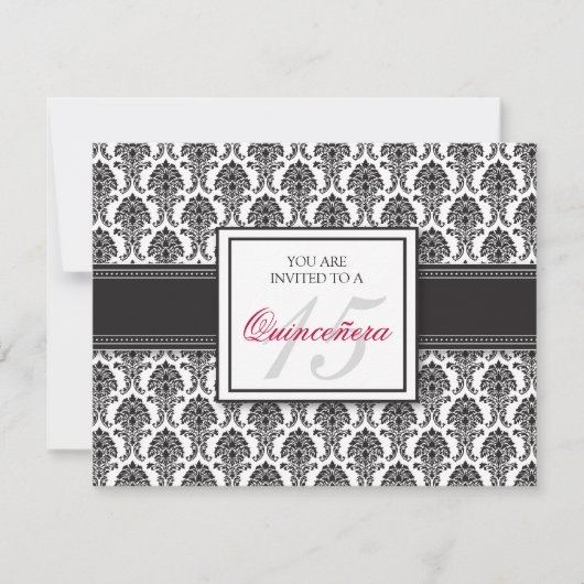 {TBA} ENGLISH Black Damask Quinceanera Uitnodiging (Voorkant)