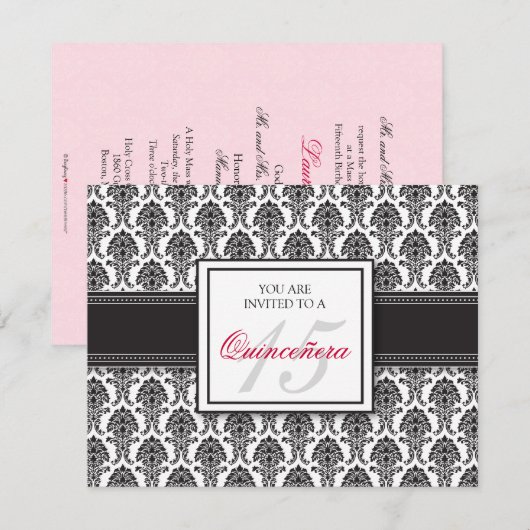 {TBA} ENGLISH Black Damask Quinceanera Uitnodiging (Voorkant / Achterkant)