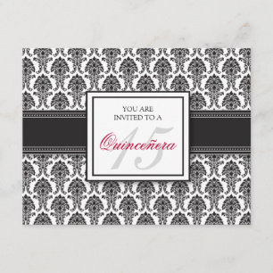 {TBA} ENGLISH Black Damask Quinceanera Uitnodiging