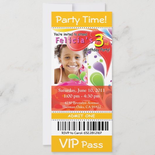 ::TBA: Fun Kinder VIP Ticket Photo Party (geel) Kaart (Voorkant)