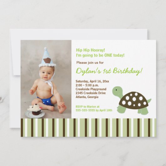 {TBA} Green Mod Dot Turtle Birthday Invitation 5x7 Kaart (Voorkant)