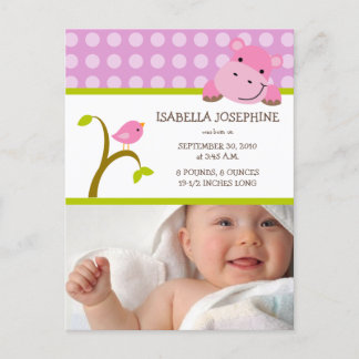 {TBA} Hippo & Birdie Baby Girl Geboorteaankondigin Aankondigingskaart