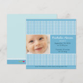 {TBA} Kostbare Gingham (blauw) Geboorteaankondigin Aankondiging (Voorkant / Achterkant)