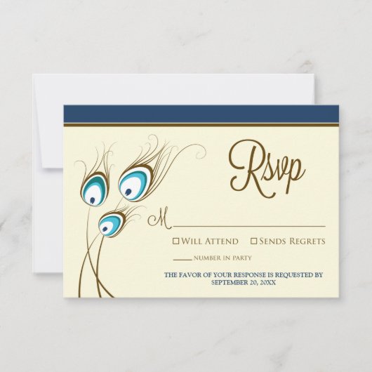 {TBA} Peacock Feathers RSVP Card (marine) (Voorkant)