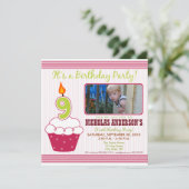 {TBA} Sweet Cupcake 9th Birthday Party Invitation Kaart (Staand voorkant)