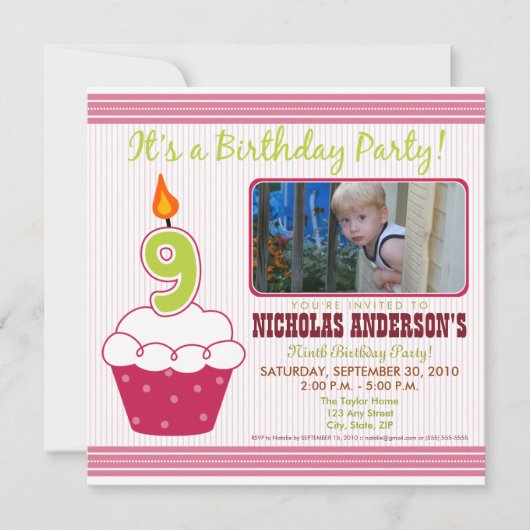 {TBA} Sweet Cupcake 9th Birthday Party Invitation Kaart (Voorkant)