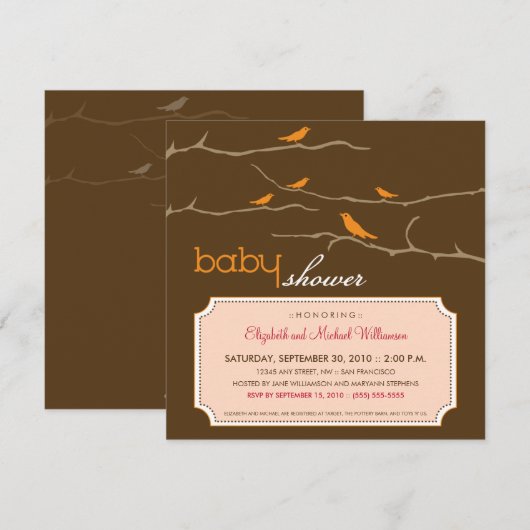 {TBA} Tweet! Tweet! baby shower Uitnodiging (oranj (Voorkant / Achterkant)