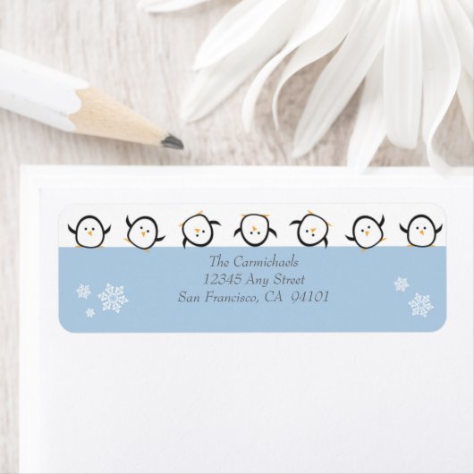 {TBA} Whimsical Pinguins Adresetiketten (blauw) Etiket (Insitu)