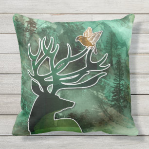 TCWC - "Woodland Harmony" Groene Deer en Vogels Buitenkussen