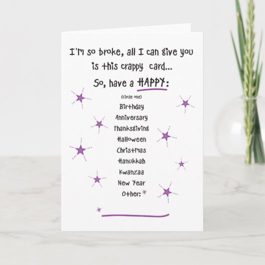 Te Broke voor Gifts Wenskaart Kaart (Voorkant)