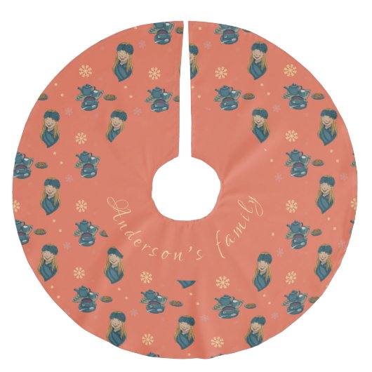 Té con galletas, chica en invierno, copos de nieve kerstboom rok (Voorkant)