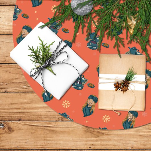 Té con galletas, chica en invierno, copos de nieve kerstboom rok