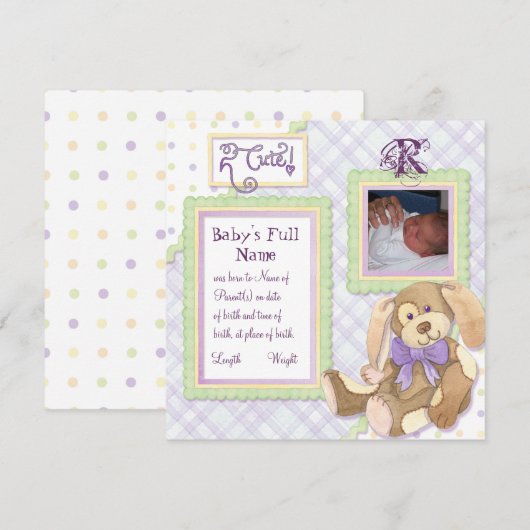 Te Cute Puppy, Monogrammed Baby Aankondiging (Voorkant / Achterkant)