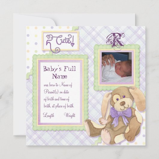 Te Cute Puppy, Monogrammed Baby Aankondiging (Voorkant)