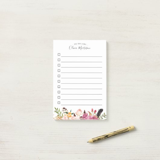 Te doen - Bohemian Boho Floral Feather Post-it® Notes (Op bureau)