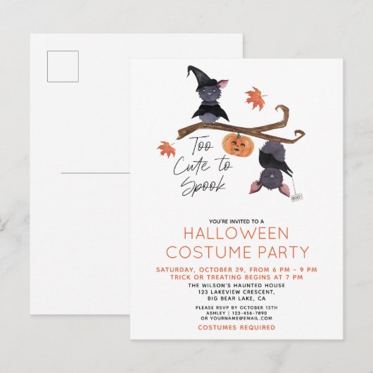 Te schattig om te spook Halloween Kostuum Party Uitnodiging Briefkaart (Voorkant / Achterkant)