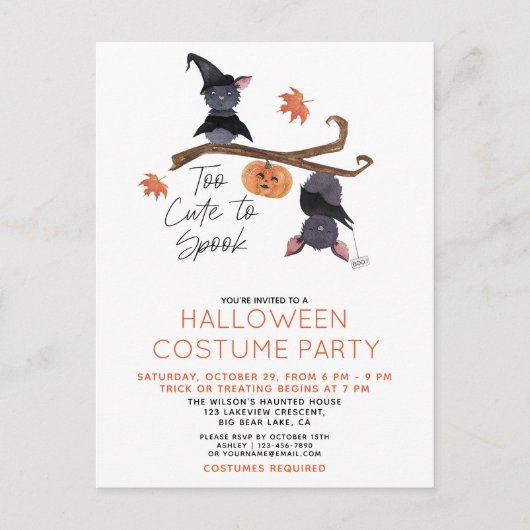 Te schattig om te spook Halloween Kostuum Party Uitnodiging Briefkaart (Voorkant)