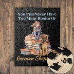 Te veel boeken Duitse herder Legpuzzel<br><div class="desc">Ons ontwerp "You Can Never Have Too Many Books or German Shepherds" bevat een meisje dat op een stapel boeken zit en een ander boek op haar schoot leest. Een Duitse herder wacht geduldig aan haar zijde. Ons ontwerp is perfect als je een fervent lezer bent en van Duitse herders...</div>