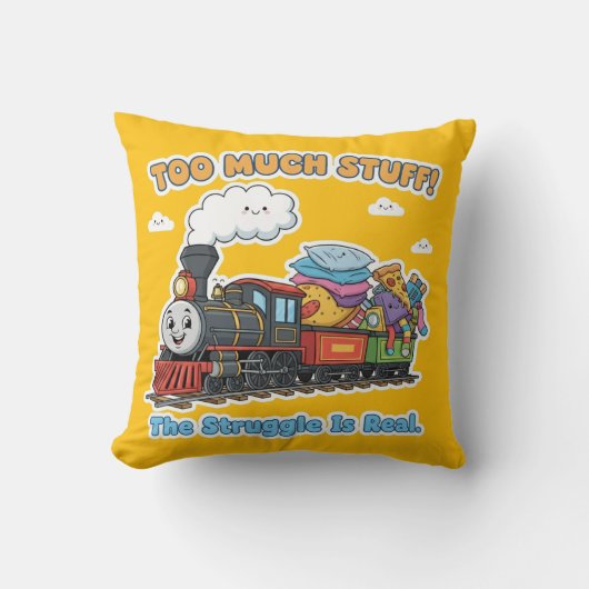 "Te veel spullen!" Whimsical stoomtrein Kussen (Voorkant)