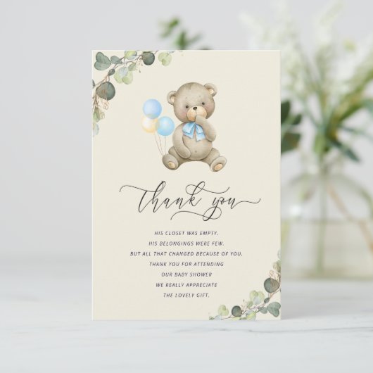 te wachten op teddy beer baby shower - dank je kaa bedankkaart (Staand voorkant)