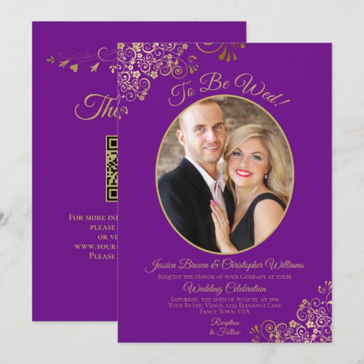 Te worden wo Paarse & gouden QR code & foto bruilo Kaart (Voorkant / Achterkant)