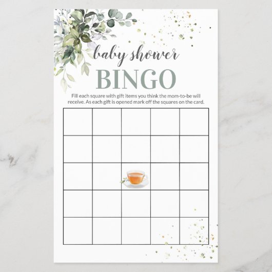 Tea and Greenery Baby shower Game Bingo Kaart Flye (Voorkant)