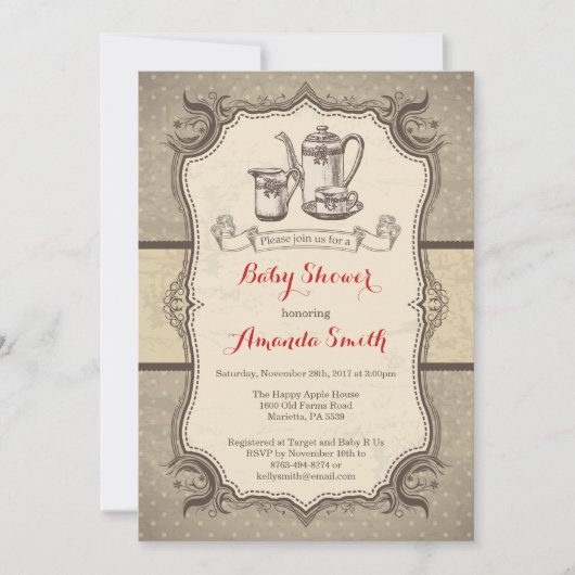 Tea Baby shower Invitation Retro Kaart (Voorkant)